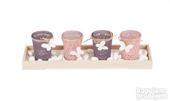 Dekorativni svećnjaci 4kom+drveni nosač40x12x6,5cm Relaxdays