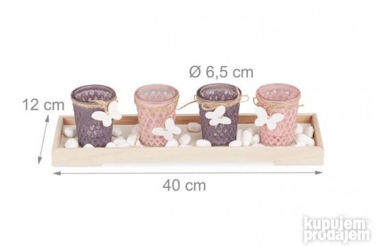 Dekorativni svećnjaci 4kom+drveni nosač40x12x6,5cm Relaxdays