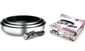 Backen set od 3 tiganja &1 ručke, nerđajuć.čelik,nelep.oblog