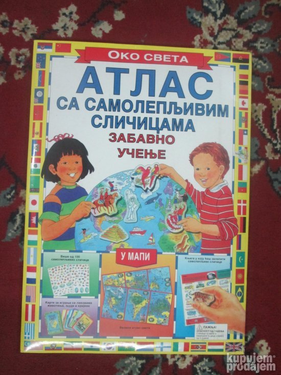 Dečji atlas sa samolepljivim sličicama, popunjen