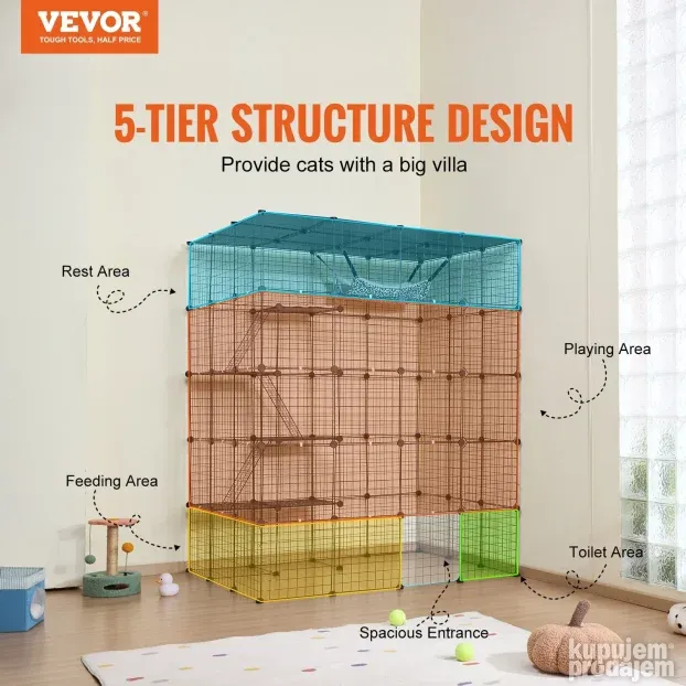 VEVOR veliki kavez za mačke sa 4 nivoa, 137 x 104 x 175 cm
