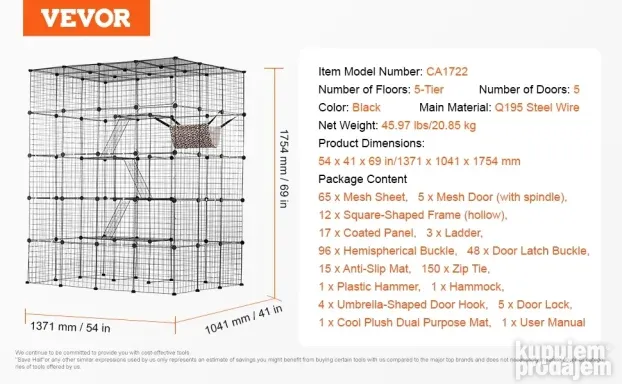 VEVOR veliki kavez za mačke sa 4 nivoa, 137 x 104 x 175 cm
