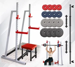 Stalak za tegove + Mini klupa + tegovi 48kg i 2+1 šipka