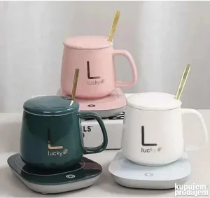 šolja keramička sa grejačem kašičicom bela