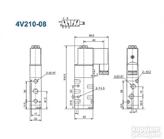 Pneumatski razvodnik elektromagnetni 5/2 G1/4 24VAC 4V210-08