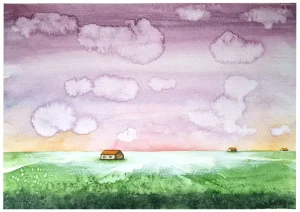 Kućice u daljini - akvarel 30x21cm