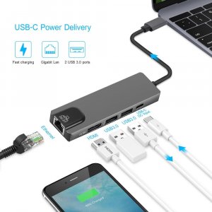 USB-C 6U1 HUB HDMI 4K+2x USB3.0+2x USBC/PD +LAN 100/1000Mbps