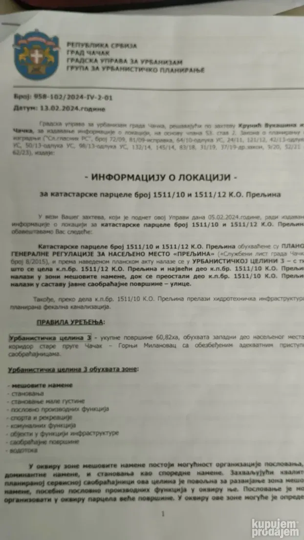 Plac Preljina 13.45 ari Prodajem-Izdajem