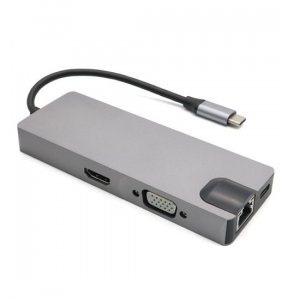 Hub 8 u 1 Type-C na HDMI VGA LAN Type C 2xUSB3.0 SD/TF card