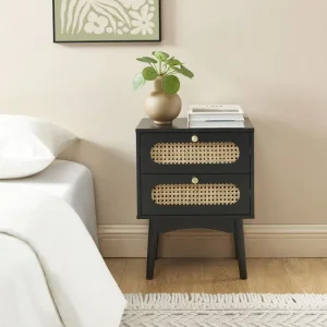 Anatole noćni stočić sa pločom od ratana,crna,MDF,40x30x53.5