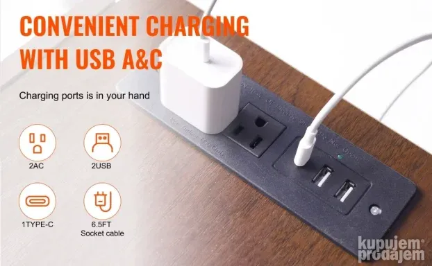 VEVOR noćni sto sa USB priključcima i utičnicama, 2