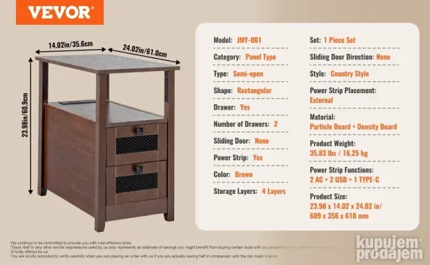 VEVOR noćni sto sa USB priključcima i utičnicama, 2