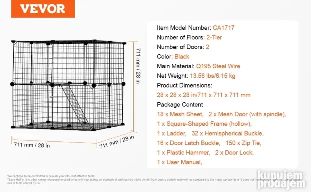 VEVOR veliki kavez za mačke sa 2 nivoa, 71 x 71 x 71 cm