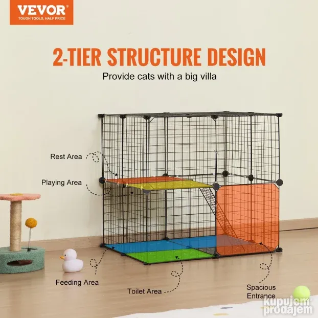 VEVOR veliki kavez za mačke sa 2 nivoa, 71 x 71 x 71 cm