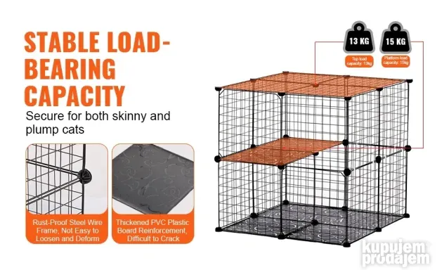 VEVOR veliki kavez za mačke sa 2 nivoa, 71 x 71 x 71 cm