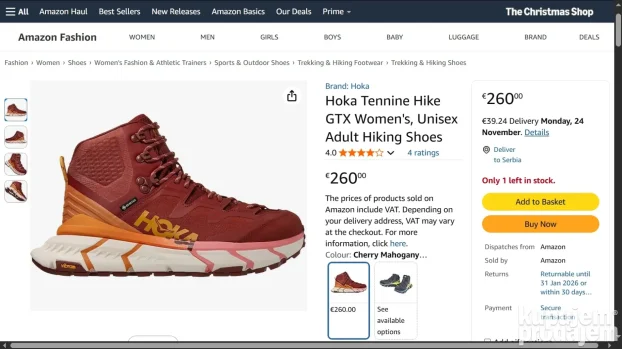 HOKA TENNINE HIKE Mid GTX Cherry Mahogany  ~ 39