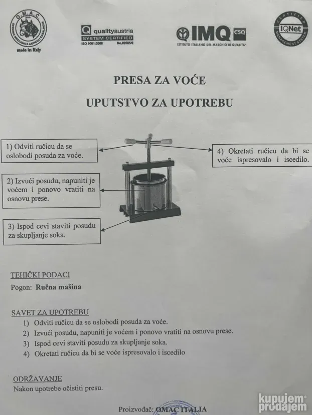 Presa za voće i grožđe ručna Inox O.M.A.C Italija - KupujemProdajem
