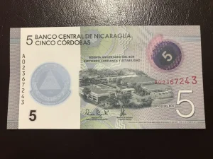 Nikaragva 5 cordobas.unc.polymer.