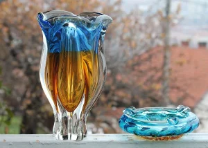 Vtg Bohemian Chribska J Hospodka Blue Amber Art Glass Vaza
