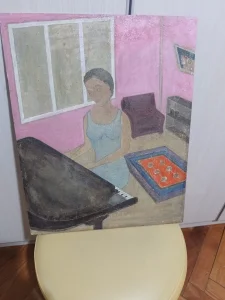 Ulje na šperu stariji rad Dama za klavirom