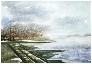 Na obali reke - akvarel