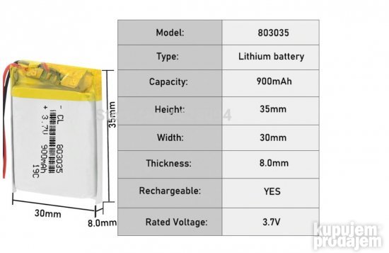 3.7V 900mAh LiPo Punjiva baterija