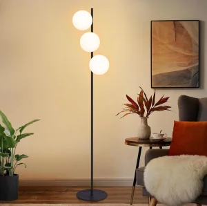 Moderna Podna Lampa sa 3 Mlečne Staklene Kugle E27 Grlo Crna