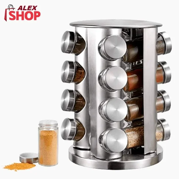 Veliki rotirajući stalak za začine sa 12 staklenih tegli