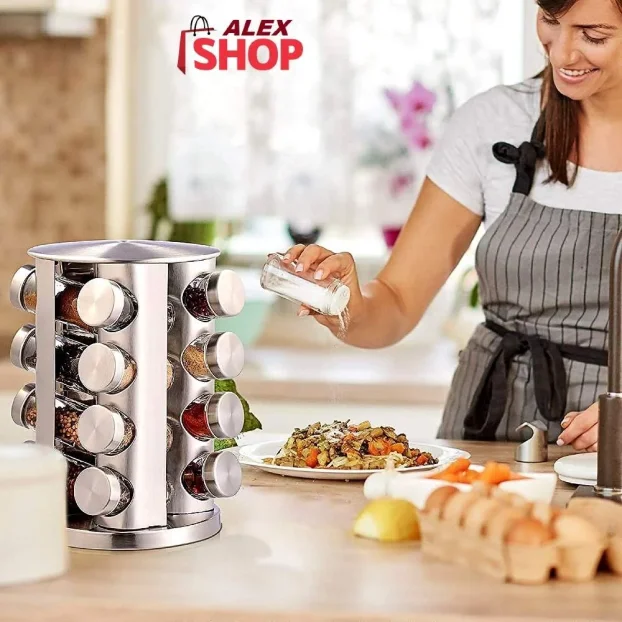 Veliki rotirajući stalak za začine sa 12 staklenih tegli