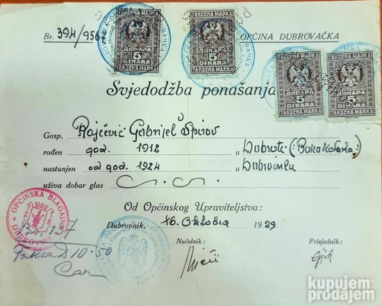 Potvrda o ponašanju-Dubrovnik 1929.