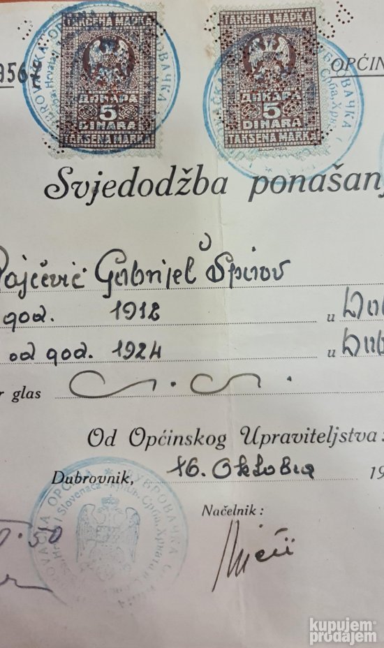 Potvrda o ponašanju-Dubrovnik 1929.