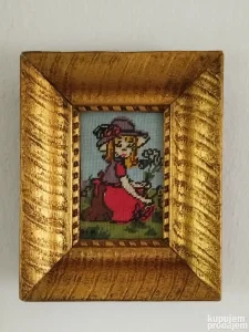 Prelep retro manji goblen u drvenom ramu 28x23cm