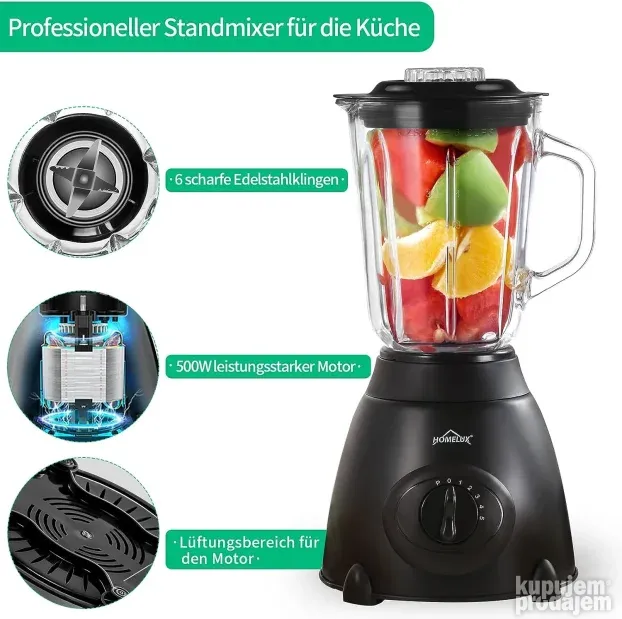 Homelux blender, 1.5L, 500W, 5 brzina+puls, drobljenje leda