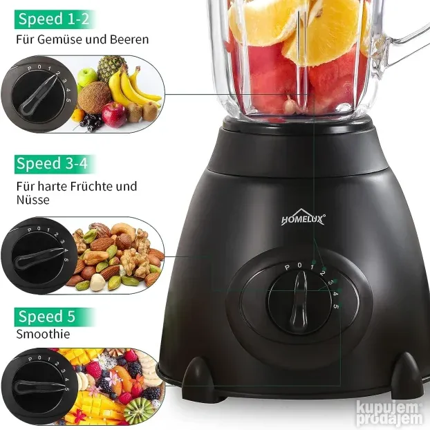 Homelux blender, 1.5L, 500W, 5 brzina+puls, drobljenje leda