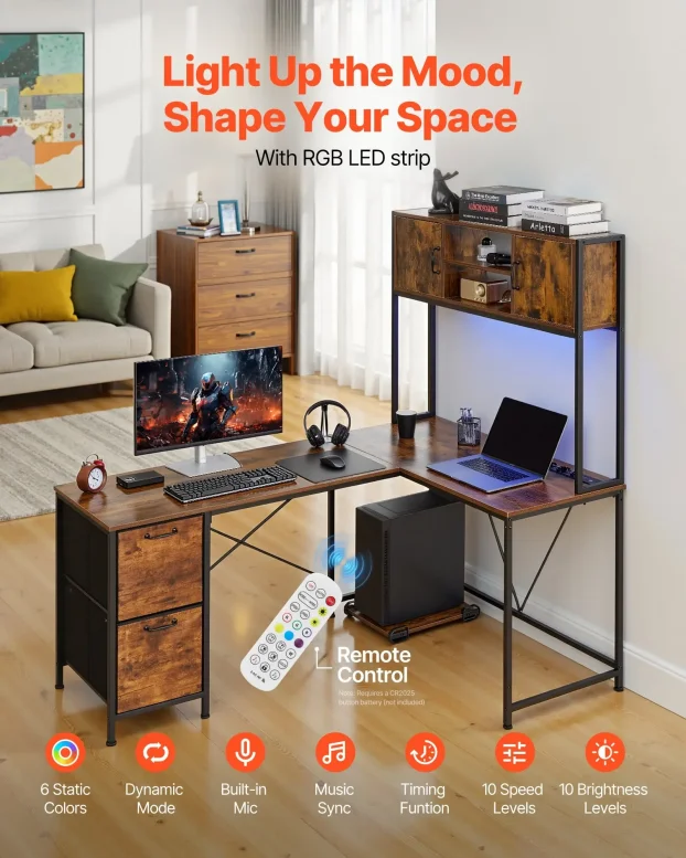 Gejmerski sto u obliku slova L, sa LED osvetljenjem, 1,58 m