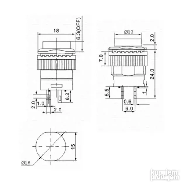 Prekidač za montažu na šasiju 3A 250VAC 16mm zeleni