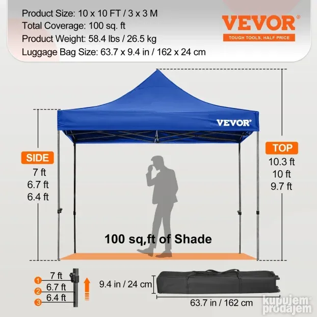 VEVOR 3,048 x 3,048 m Pop Up Šator plavi