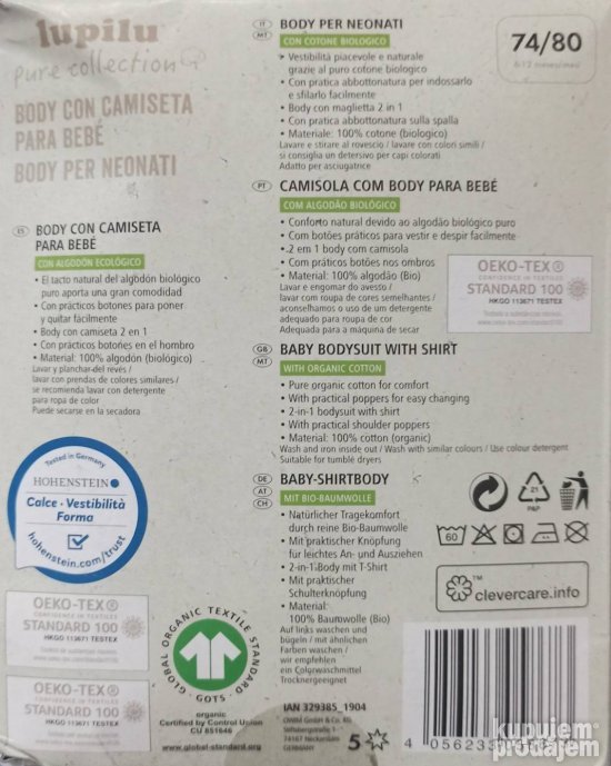 Body za bebe bio pamuk 74/80
