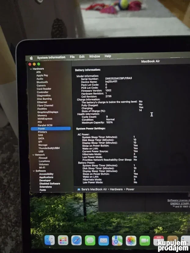 MacBook Air M1 8GB/256GB CYCLE COUNT 9, BATERIJA 100%