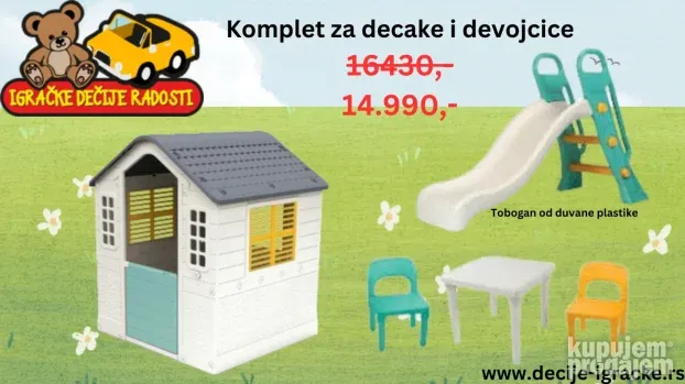 Komplet kucica, tobogan od duvane plastike i sto sa stolicam