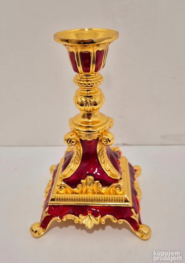 Prelep Ruski raskosni pozlaceni svecnjak sa emajlom - Crveni