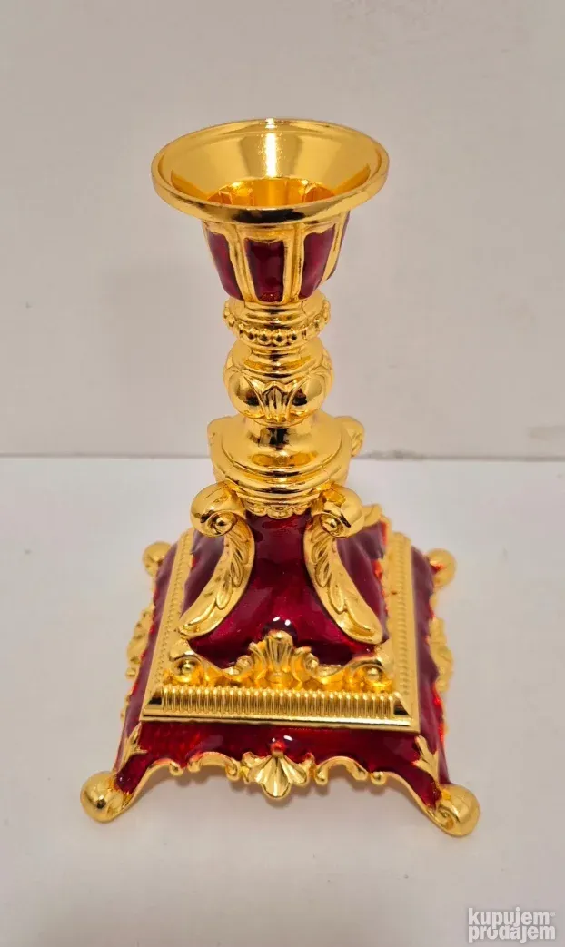 Prelep Ruski raskosni pozlaceni svecnjak sa emajlom - Crveni