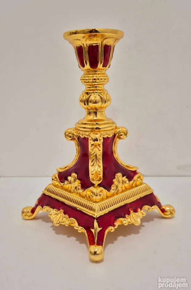 Prelep Ruski raskosni pozlaceni svecnjak sa emajlom - Crveni