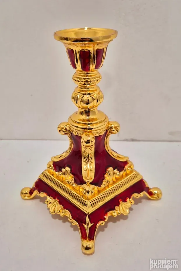 Prelep Ruski raskosni pozlaceni svecnjak sa emajlom - Crveni