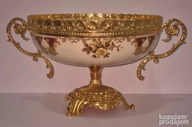 Vrhunska velika oslikana frutijera - porculan mesing -potpis