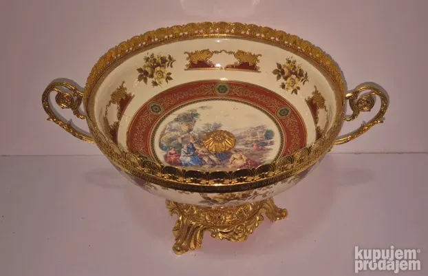 Vrhunska velika oslikana frutijera - porculan mesing -potpis