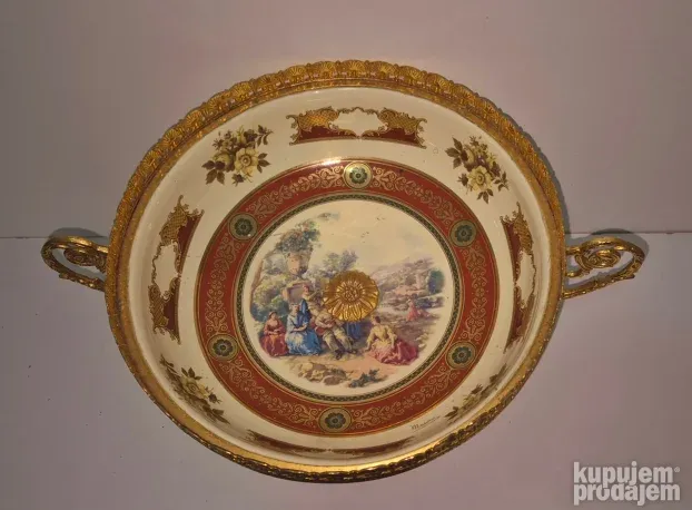 Vrhunska velika oslikana frutijera - porculan mesing -potpis