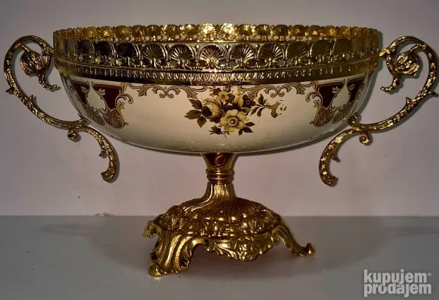 Vrhunska velika oslikana frutijera - porculan mesing -potpis