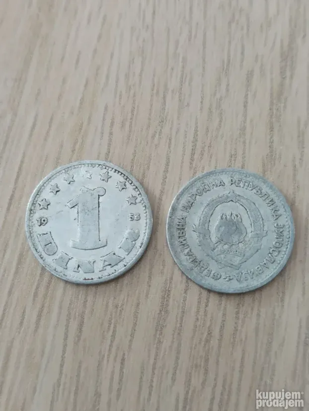 Dve kovanice aluminijumske od jednog dinara iz 1953
