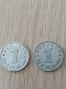 Dve kovanice aluminijumske od jednog dinara iz 1953